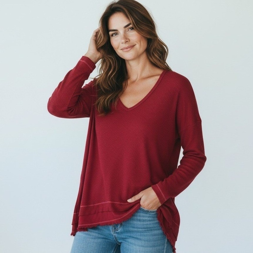 XCVI Tunic Top Women Medium Red‎ Ribbed Asymmetrical Casual Lagenlook Comfort